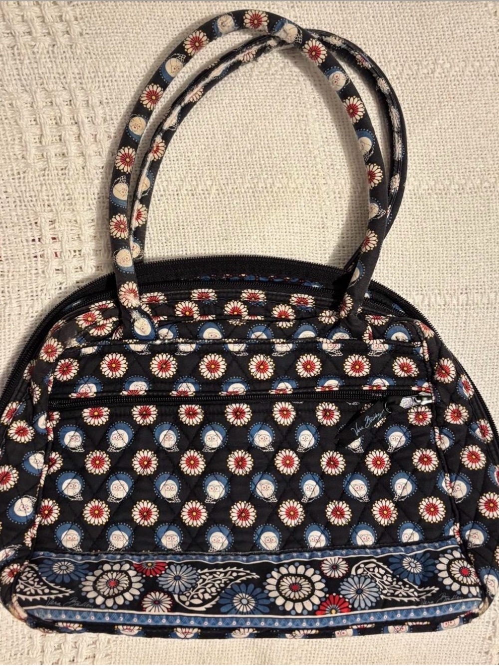 Vera Bradley Black Floral Quilted Dome Shoulder Bag with Blue and Red Accents